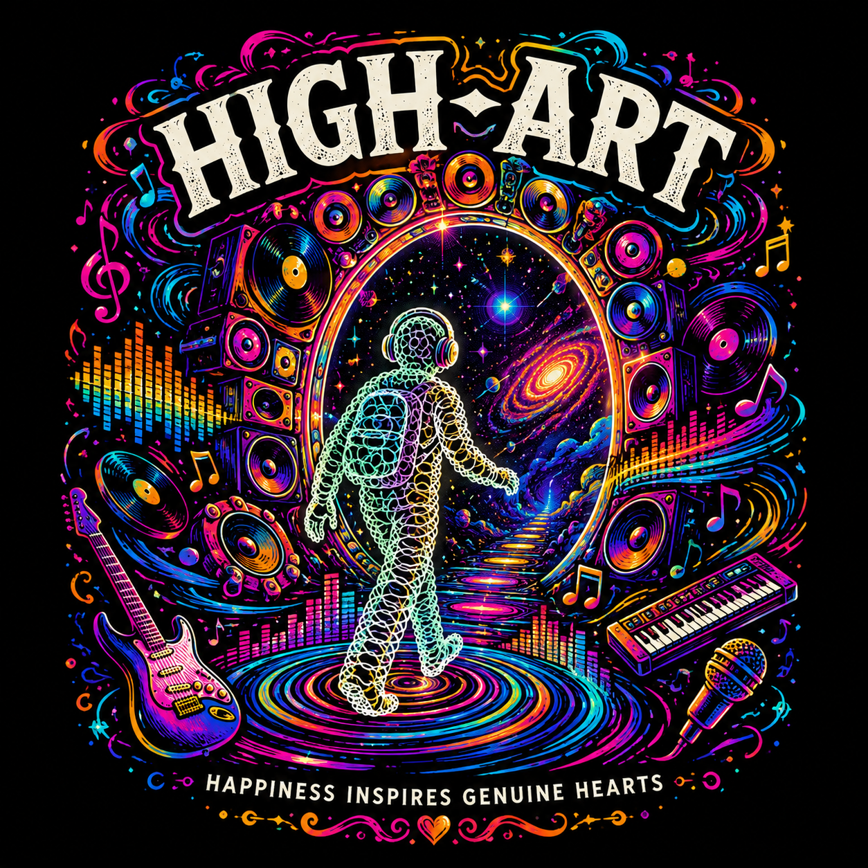 HIGH-ART cosmic music artwork with a glowing figure and colorful sound system