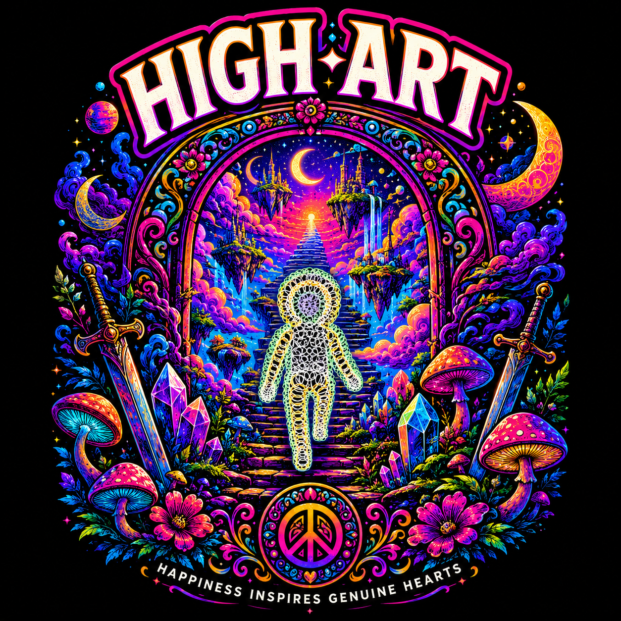 HIGH-ART fantasy world artwork with a glowing figure walking toward a colorful sky