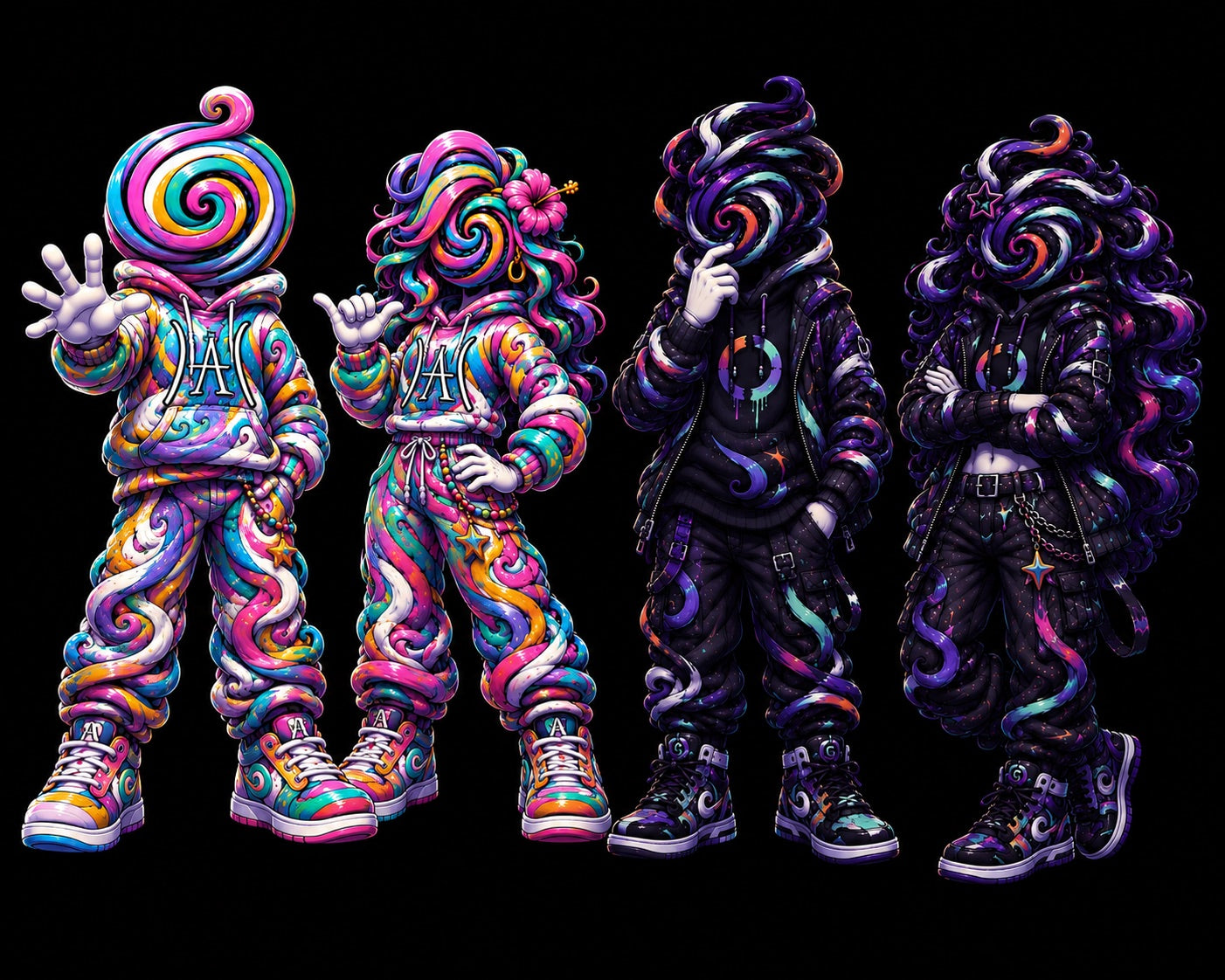 Four colorful HIGH-ART spiral characters