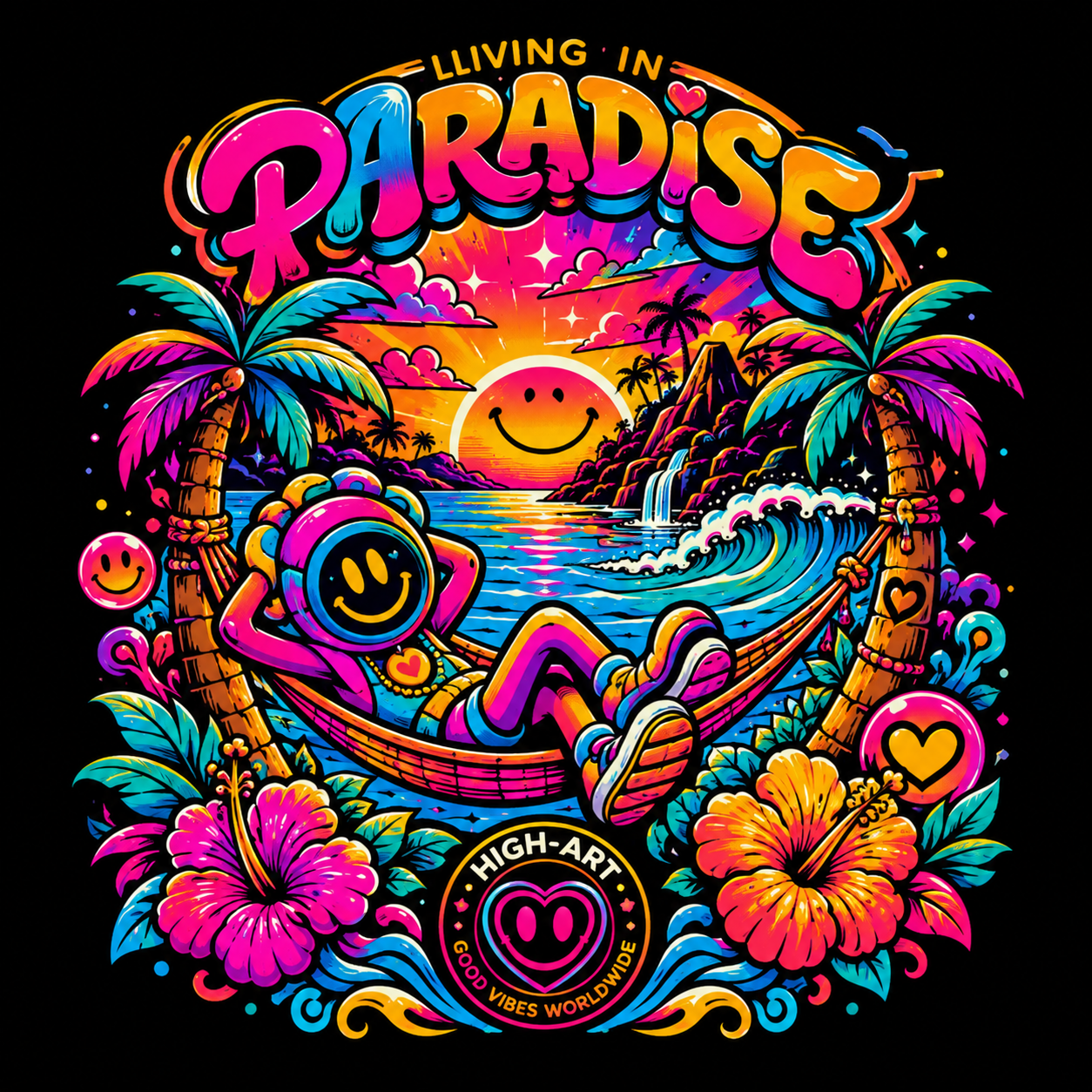 HIGH-ART Paradise artwork with a colorful cosmic figure and music imagery