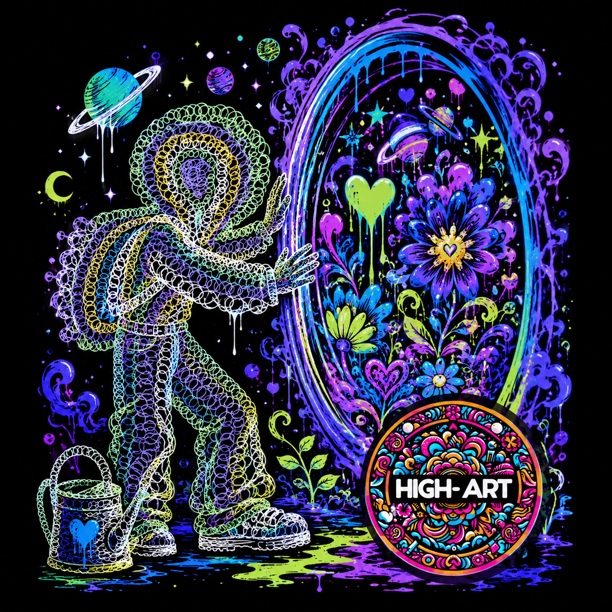 HIGH-ART colorful flower world artwork with a glowing figure
